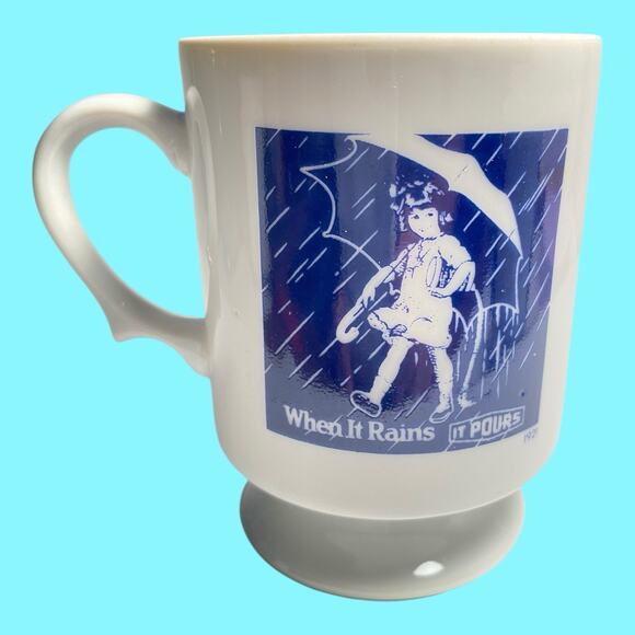 Vtg Set Of 4 Morton Salt Girl Pedestal Coffee Mug Cups When it Rains It Pours - Picture 5 of 15